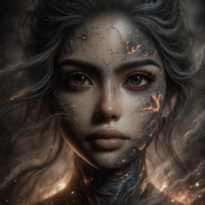 The primary subject of the image is a woman with a unique and striking appearance. She has a black and white face with a red and yellow background, giving her a dramatic and eye-catching look. The setting is a dark and moody environment, which adds to the overall atmosphere of the image. The visual style is a digital art or illustration, showcasing the artist's creativity and skill in creating a captivating and memorable portrait.